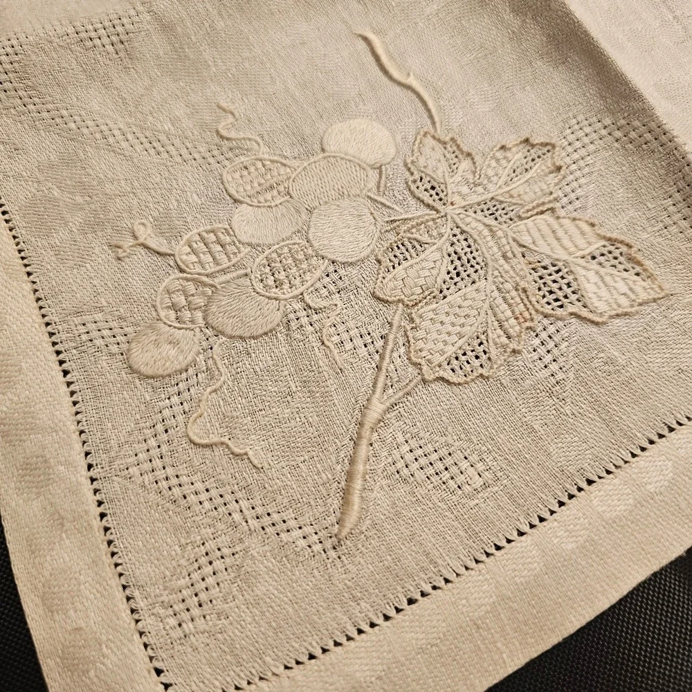 Vintage Cream Linen Napkins Hand Embroidered Fruit Damask Hemstitched Set of 2
